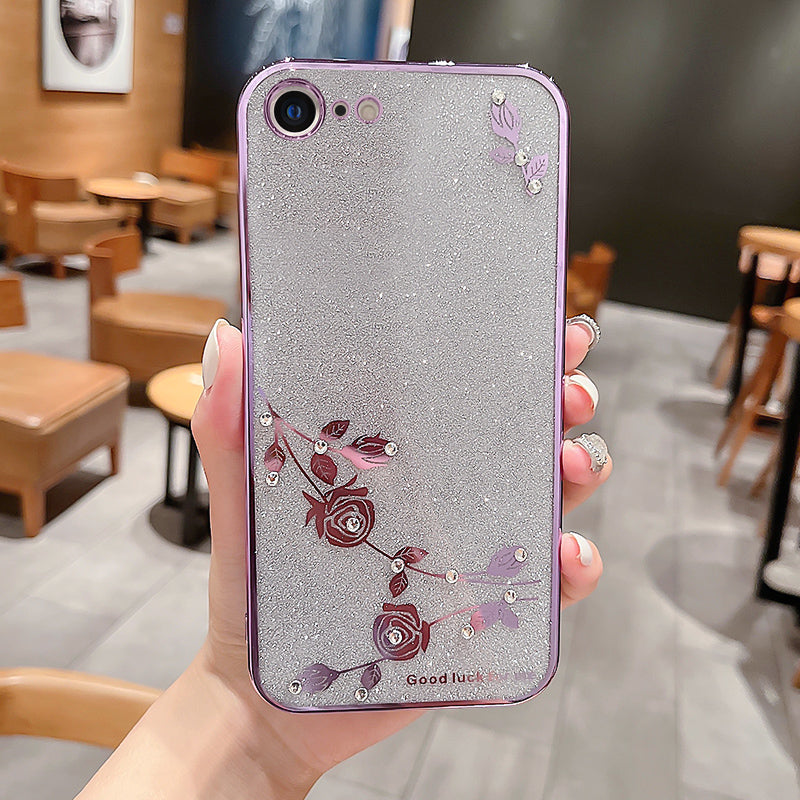 For iPhone SE (2022) (2020) iPhone 8 7 4.7 inch Flower Pattern Rhinestone Phone Case Glitter Powder Electroplating TPU Cover For iPhone SE (2022) (2020) iPhone 8 7 4.7 inch Flower Pattern Rhinestone Phone Case Glitter Powder Electroplating TPU Cover